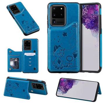Luxury Bee and Cat Multifunction Magnetic Card Slots Stand Leather Back Cover for Samsung Galaxy S20 Ultra / S11 Plus - Blue