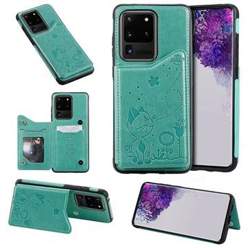 Luxury Bee and Cat Multifunction Magnetic Card Slots Stand Leather Back Cover for Samsung Galaxy S20 Ultra / S11 Plus - Green