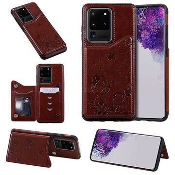 Luxury Bee and Cat Multifunction Magnetic Card Slots Stand Leather Back Cover for Samsung Galaxy S20 Ultra / S11 Plus - Brown