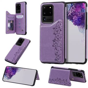 Yikatu Luxury Cute Cats Multifunction Magnetic Card Slots Stand Leather Back Cover for Samsung Galaxy S20 Ultra / S11 Plus - Purple