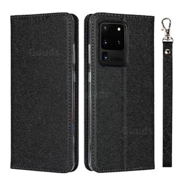 Ultra Slim Magnetic Automatic Suction Silk Lanyard Leather Flip Cover for Samsung Galaxy S20 Ultra / S11 Plus - Black