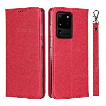Ultra Slim Magnetic Automatic Suction Silk Lanyard Leather Flip Cover for Samsung Galaxy S20 Ultra / S11 Plus - Red