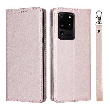 Ultra Slim Magnetic Automatic Suction Silk Lanyard Leather Flip Cover for Samsung Galaxy S20 Ultra / S11 Plus - Rose Gold