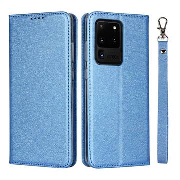 Ultra Slim Magnetic Automatic Suction Silk Lanyard Leather Flip Cover for Samsung Galaxy S20 Ultra / S11 Plus - Sky Blue