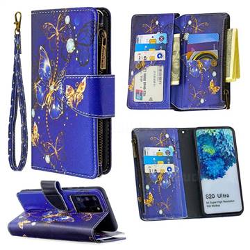 Purple Butterfly Binfen Color BF03 Retro Zipper Leather Wallet Phone Case for Samsung Galaxy S20 Ultra / S11 Plus