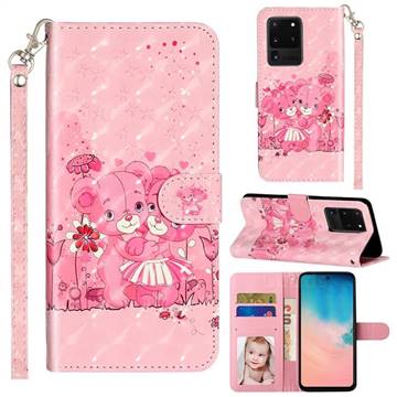 Pink Bear 3D Leather Phone Holster Wallet Case for Samsung Galaxy S20 Ultra / S11 Plus