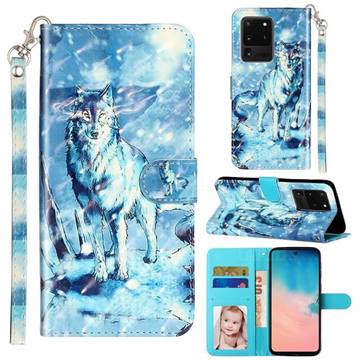 Snow Wolf 3D Leather Phone Holster Wallet Case for Samsung Galaxy S20 Ultra / S11 Plus
