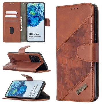 BinfenColor BF04 Color Block Stitching Crocodile Leather Case Cover for Samsung Galaxy S20 Ultra / S11 Plus - Brown
