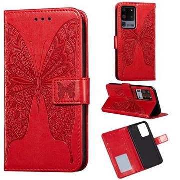 Intricate Embossing Vivid Butterfly Leather Wallet Case for Samsung Galaxy S20 Ultra / S11 Plus - Red