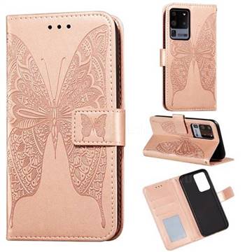 Intricate Embossing Vivid Butterfly Leather Wallet Case for Samsung Galaxy S20 Ultra / S11 Plus - Rose Gold