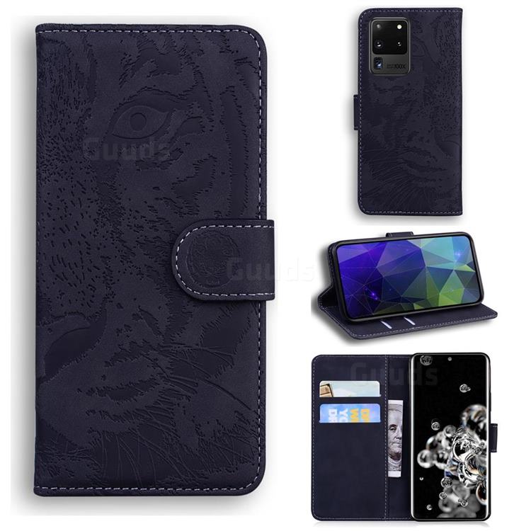 Intricate Embossing Tiger Face Leather Wallet Case for Samsung Galaxy S20 Ultra / S11 Plus - Black