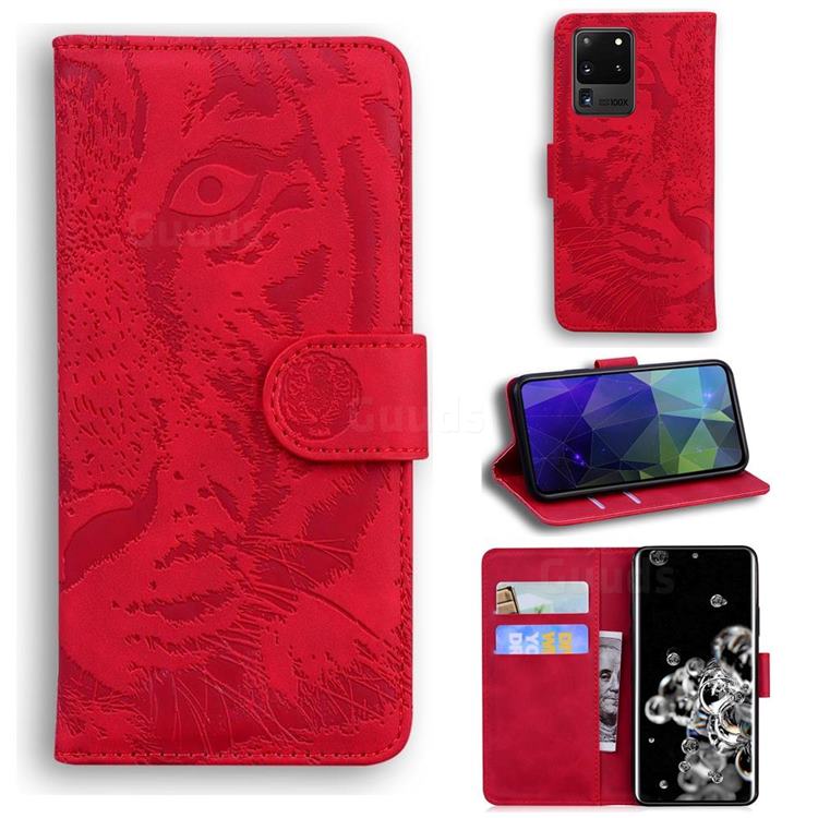 Intricate Embossing Tiger Face Leather Wallet Case for Samsung Galaxy S20 Ultra / S11 Plus - Red