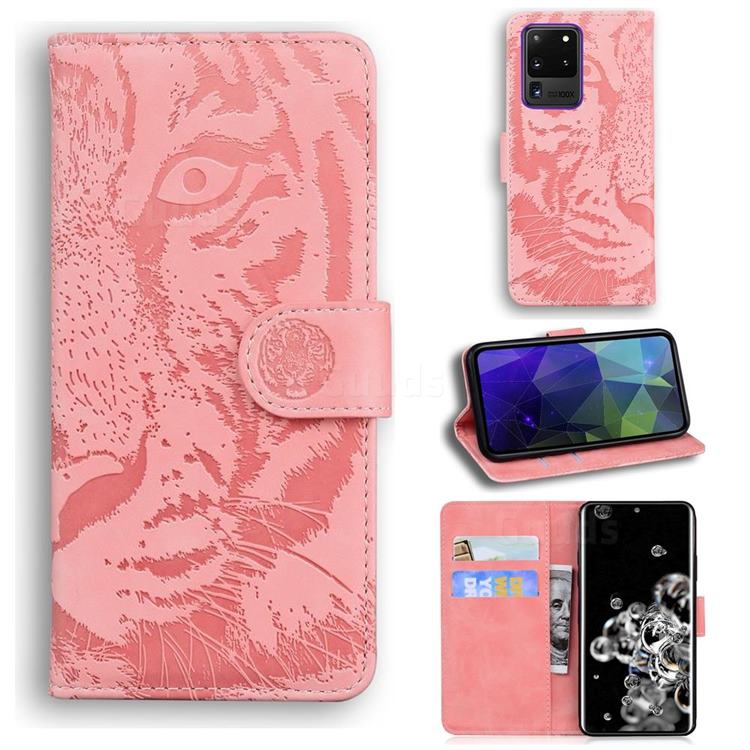 Intricate Embossing Tiger Face Leather Wallet Case for Samsung Galaxy S20 Ultra / S11 Plus - Pink
