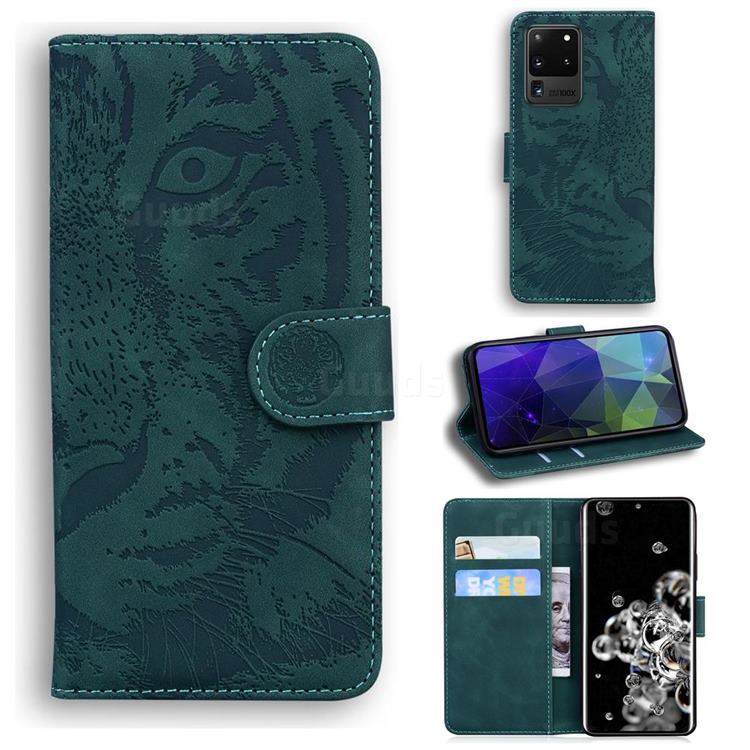 Intricate Embossing Tiger Face Leather Wallet Case for Samsung Galaxy S20 Ultra / S11 Plus - Green