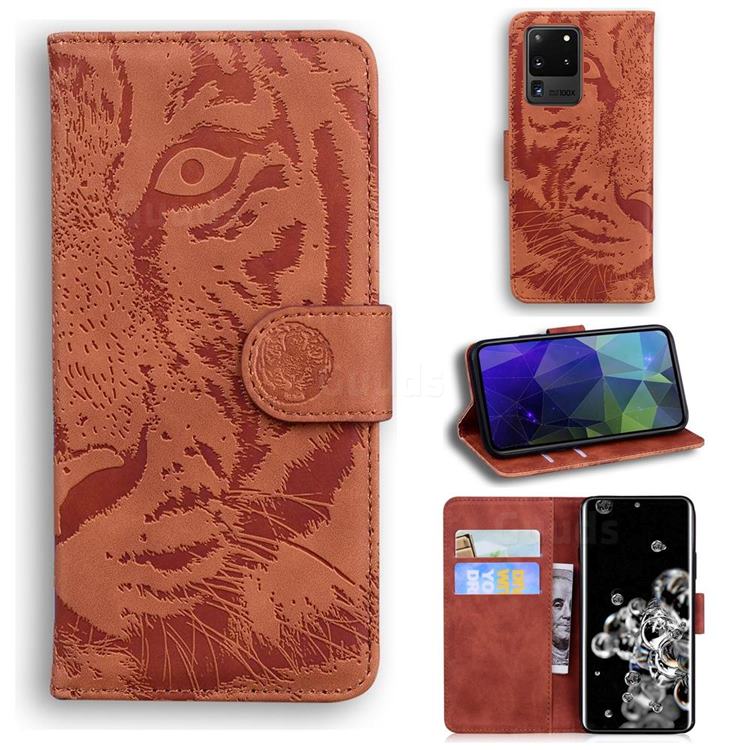 Intricate Embossing Tiger Face Leather Wallet Case for Samsung Galaxy S20 Ultra / S11 Plus - Brown