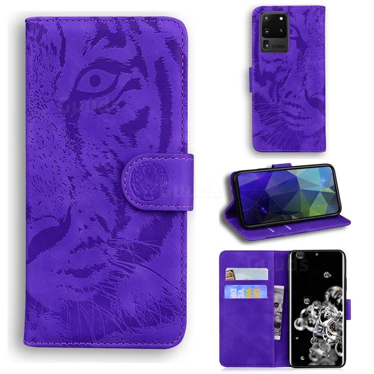 Intricate Embossing Tiger Face Leather Wallet Case for Samsung Galaxy S20 Ultra / S11 Plus - Purple