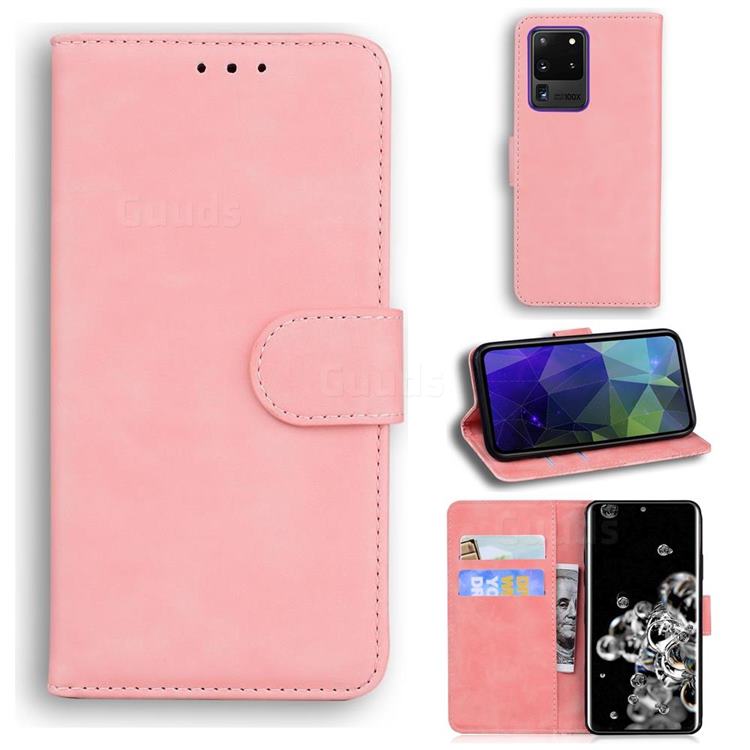Retro Classic Skin Feel Leather Wallet Phone Case for Samsung Galaxy S20 Ultra / S11 Plus - Pink