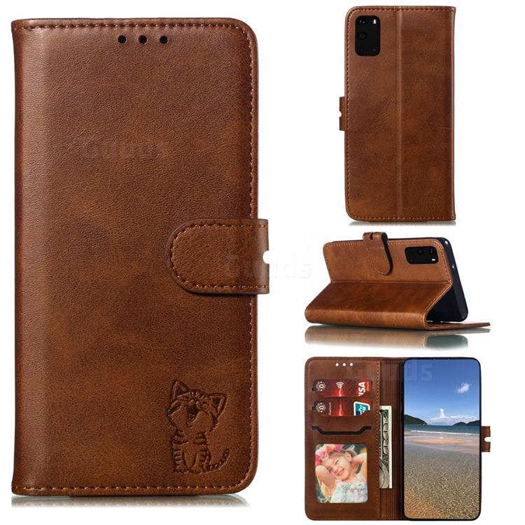 Embossing Happy Cat Leather Wallet Case for Samsung Galaxy S20 Ultra - Brown