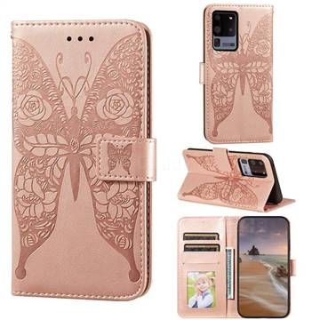 Intricate Embossing Rose Flower Butterfly Leather Wallet Case for Samsung Galaxy S20 Ultra - Rose Gold