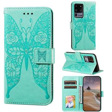 Intricate Embossing Rose Flower Butterfly Leather Wallet Case for Samsung Galaxy S20 Ultra - Green