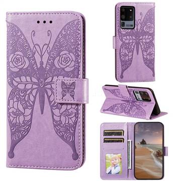 Intricate Embossing Rose Flower Butterfly Leather Wallet Case for Samsung Galaxy S20 Ultra - Purple
