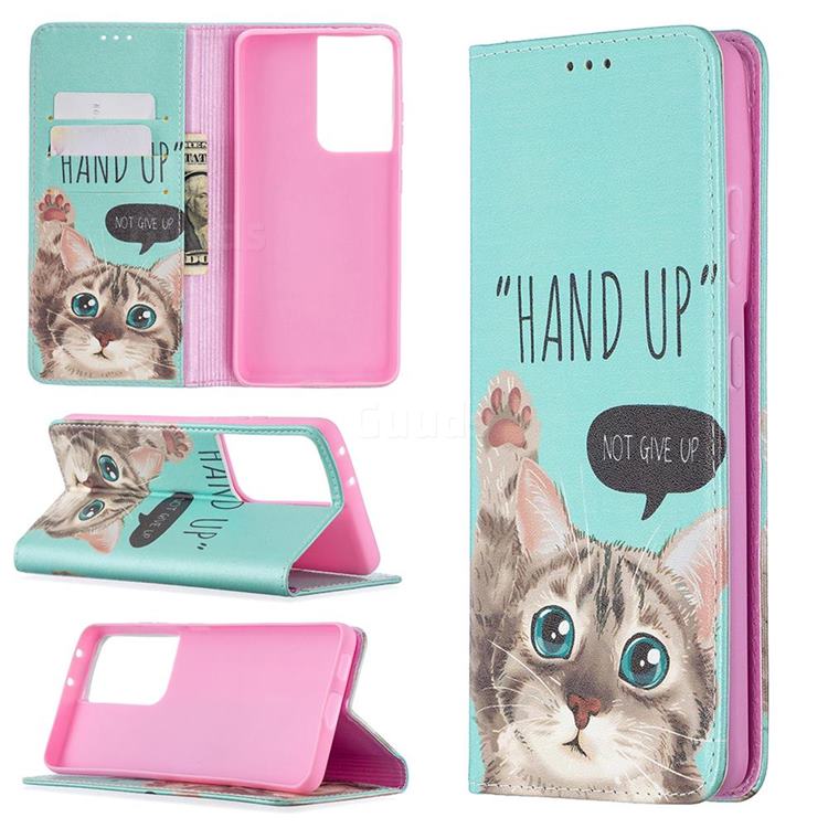 Hand Up Cat Slim Magnetic Attraction Wallet Flip Cover for Samsung Galaxy S20 Ultra