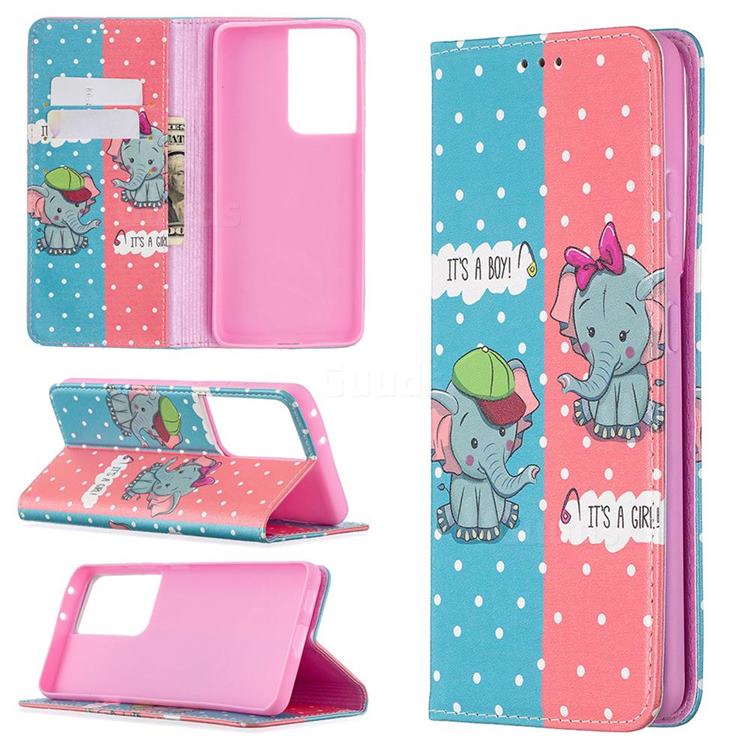 Elephant Boy and Girl Slim Magnetic Attraction Wallet Flip Cover for Samsung Galaxy S20 Ultra