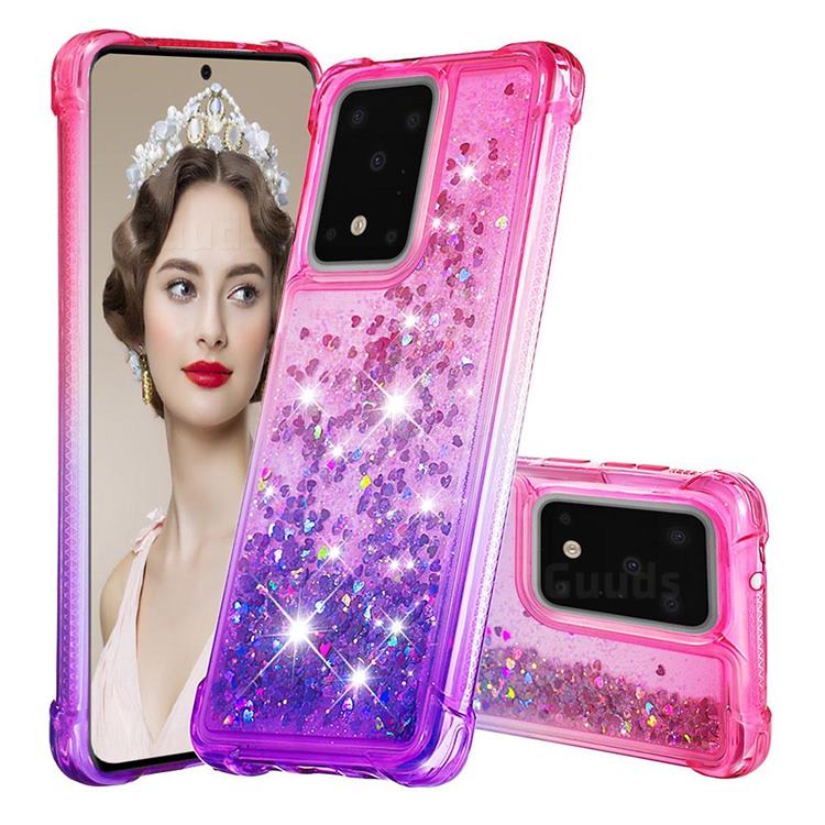 Rainbow Gradient Liquid Glitter Quicksand Sequins Phone Case for Samsung Galaxy S20 Ultra - Pink Purple