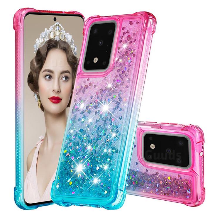 Rainbow Gradient Liquid Glitter Quicksand Sequins Phone Case for Samsung Galaxy S20 Ultra - Pink Blue