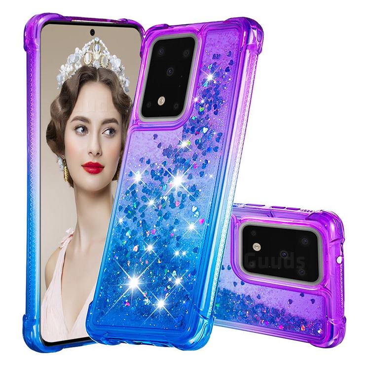 Rainbow Gradient Liquid Glitter Quicksand Sequins Phone Case for Samsung Galaxy S20 Ultra - Purple Blue