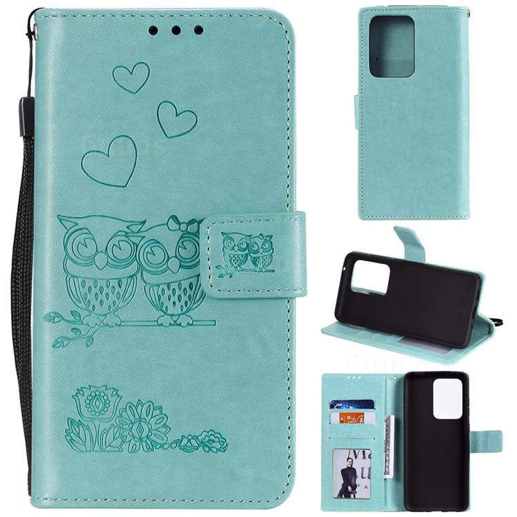 Embossing Owl Couple Flower Leather Wallet Case for Samsung Galaxy S20 Ultra - Green
