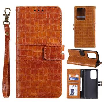 Luxury Crocodile Magnetic Leather Wallet Phone Case for Samsung Galaxy S20 Ultra - Brown