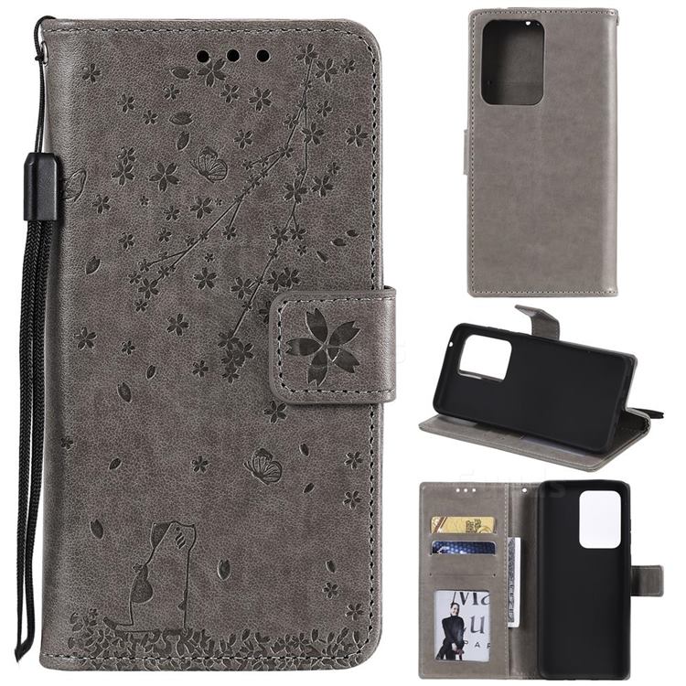 Embossing Cherry Blossom Cat Leather Wallet Case for Samsung Galaxy S20 Ultra - Gray