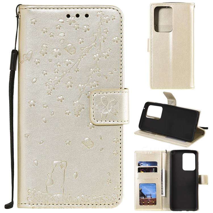 Embossing Cherry Blossom Cat Leather Wallet Case for Samsung Galaxy S20 Ultra - Golden