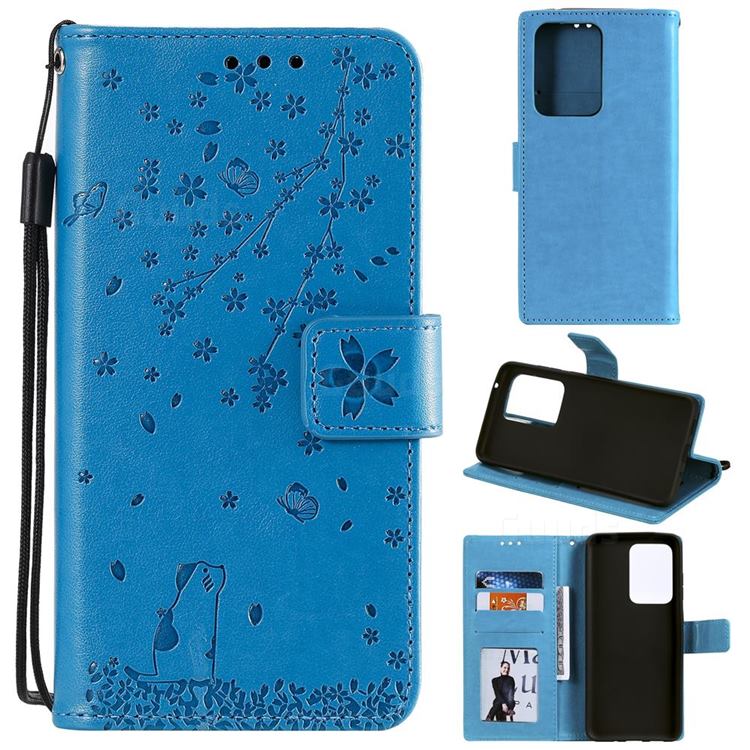 Embossing Cherry Blossom Cat Leather Wallet Case for Samsung Galaxy S20 Ultra - Blue