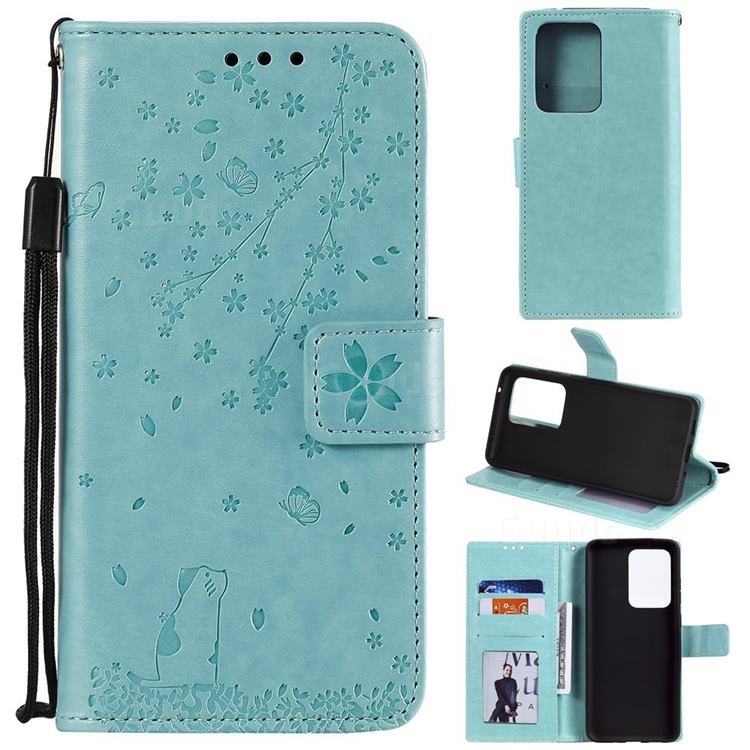 Embossing Cherry Blossom Cat Leather Wallet Case for Samsung Galaxy S20 Ultra - Green