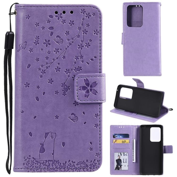 Embossing Cherry Blossom Cat Leather Wallet Case for Samsung Galaxy S20 Ultra - Purple