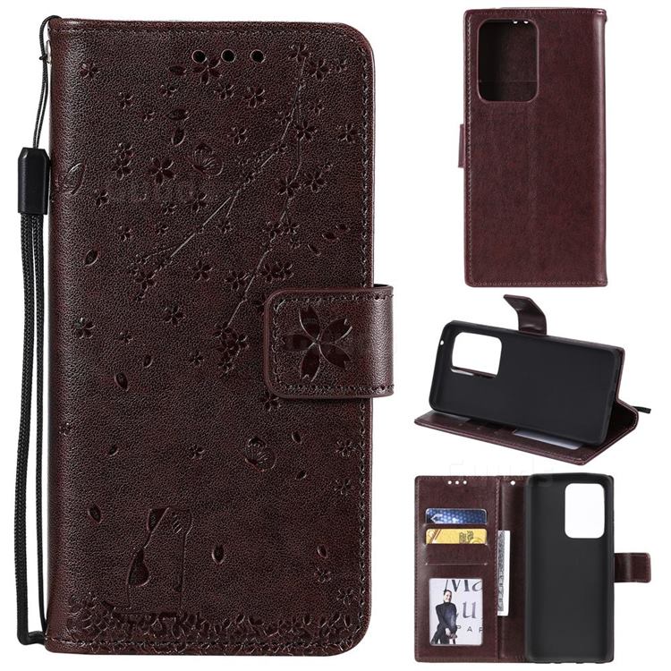 Embossing Cherry Blossom Cat Leather Wallet Case for Samsung Galaxy S20 Ultra - Brown