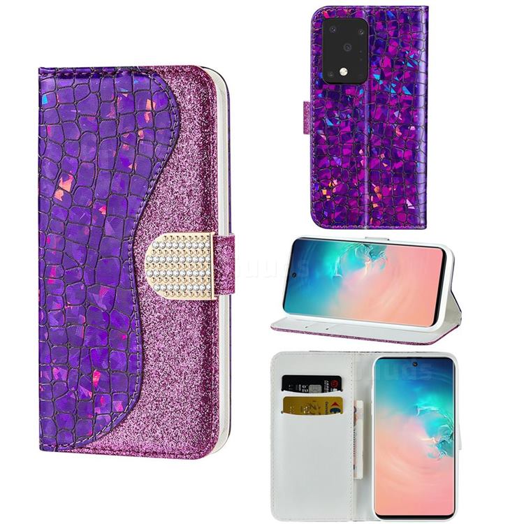 Glitter Diamond Buckle Laser Stitching Leather Wallet Phone Case for Samsung Galaxy S20 Ultra - Purple