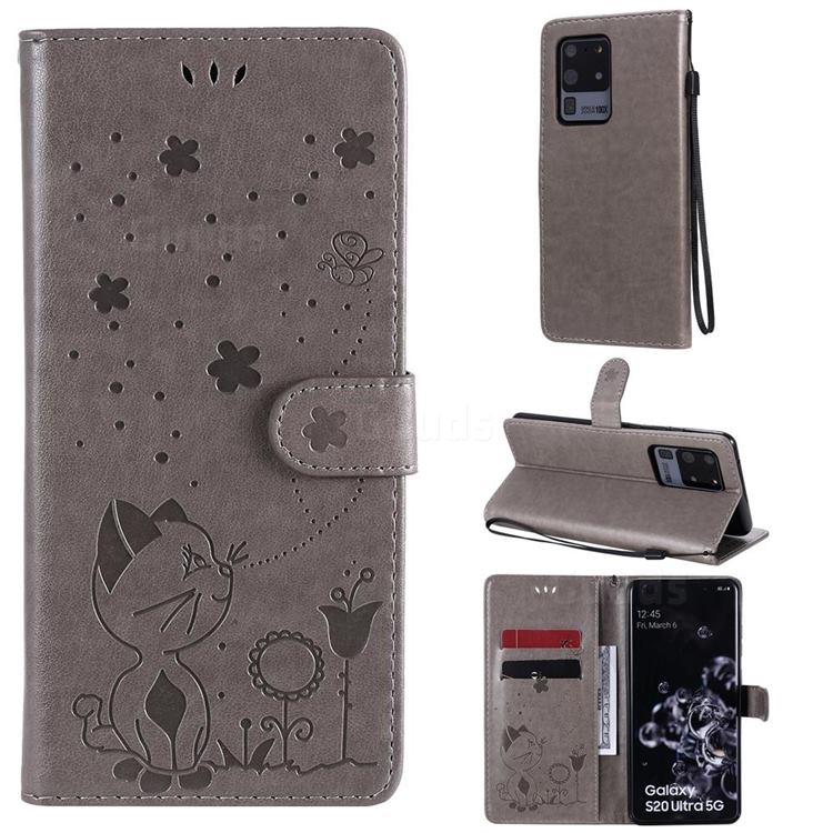 Embossing Bee and Cat Leather Wallet Case for Samsung Galaxy S20 Ultra - Gray
