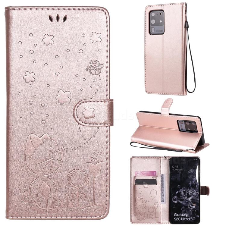 Embossing Bee and Cat Leather Wallet Case for Samsung Galaxy S20 Ultra - Rose Gold