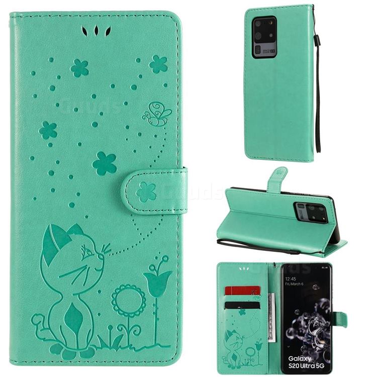 Embossing Bee and Cat Leather Wallet Case for Samsung Galaxy S20 Ultra - Green