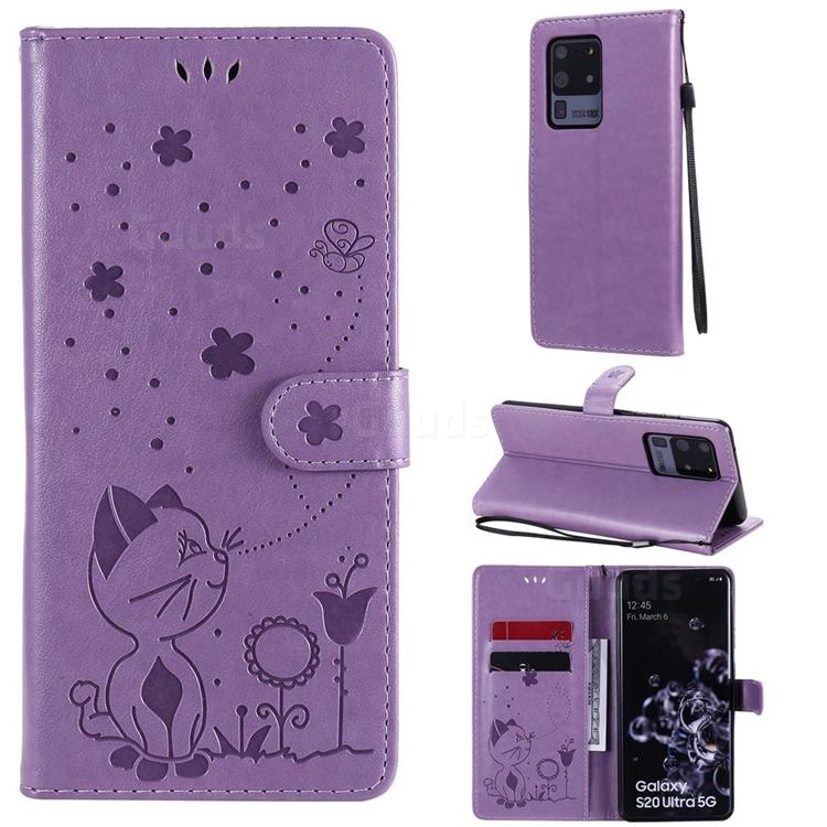 Embossing Bee and Cat Leather Wallet Case for Samsung Galaxy S20 Ultra - Purple