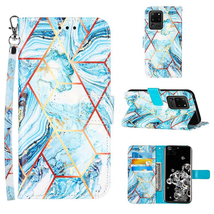 Lake Blue Stitching Color Marble Leather Wallet Case for Samsung Galaxy S20 Ultra
