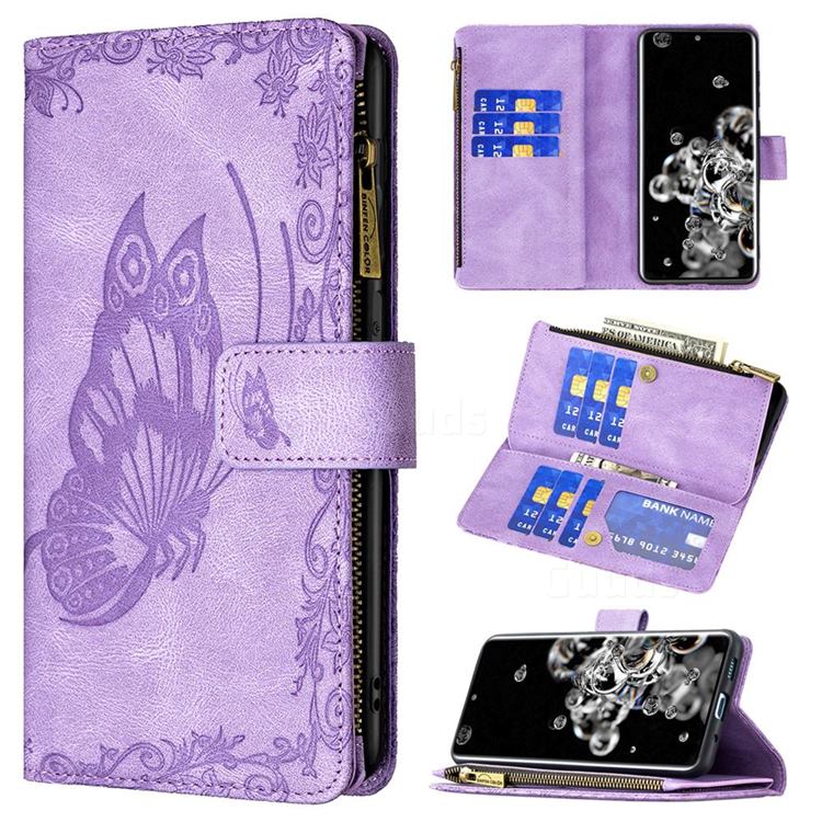 Binfen Color Imprint Vivid Butterfly Buckle Zipper Multi-function Leather Phone Wallet for Samsung Galaxy S20 Ultra - Purple