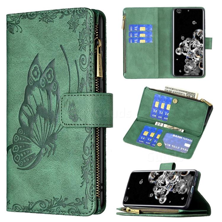 Binfen Color Imprint Vivid Butterfly Buckle Zipper Multi-function Leather Phone Wallet for Samsung Galaxy S20 Ultra - Green