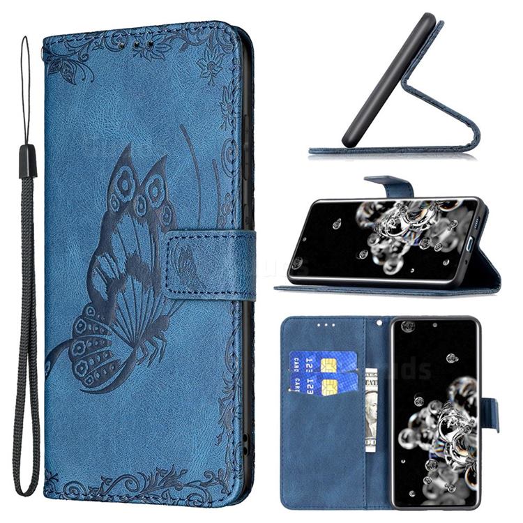 Binfen Color Imprint Vivid Butterfly Leather Wallet Case for Samsung Galaxy S20 Ultra - Blue