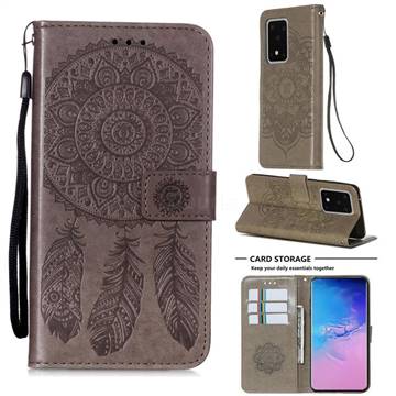Embossing Dream Catcher Mandala Flower Leather Wallet Case for Samsung Galaxy S20 Ultra - Gray
