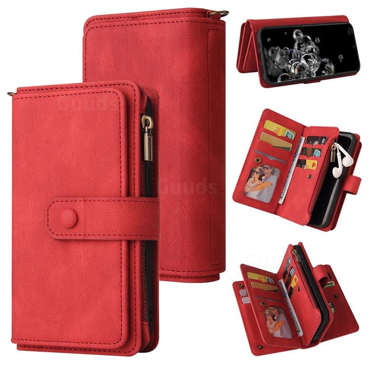 Luxury Multi-functional Zipper Wallet Leather Phone Case Cover for Samsung Galaxy S20 Ultra - Red