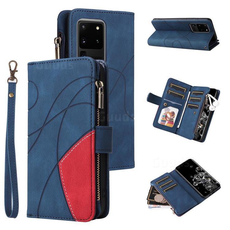 Luxury Two-color Stitching Multi-function Zipper Leather Wallet Case Cover for Samsung Galaxy S20 Ultra - Blue